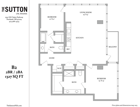 Floor plan for 2 beds, 2 baths, 1331 sqft