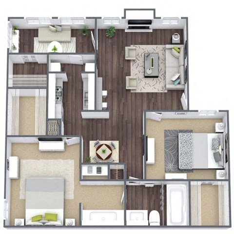 Floor plan for 2 beds, 2 baths, 965 sqft