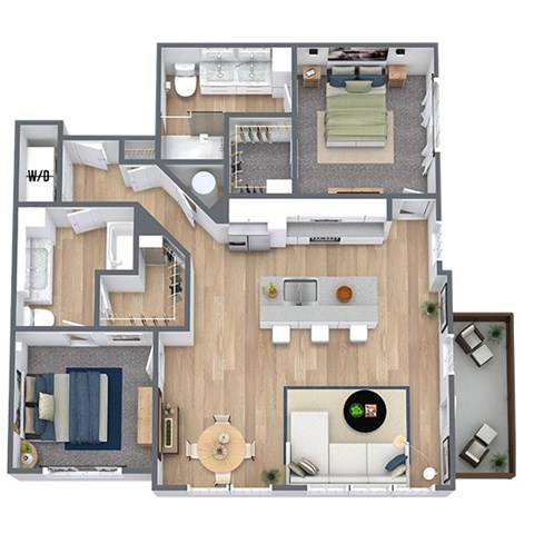 Floor plan for 2 beds, 2 baths, 1273 sqft