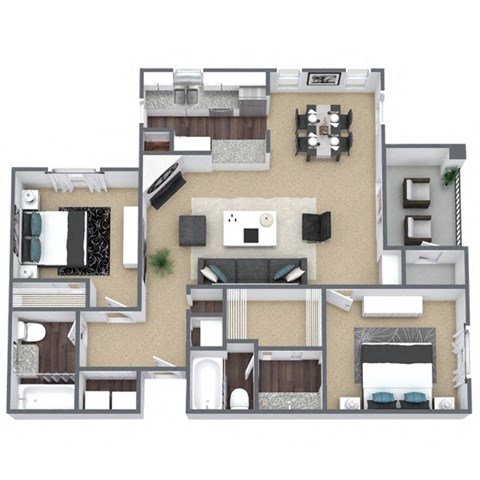 Floor plan for 2 beds, 2 baths, 1074 sqft