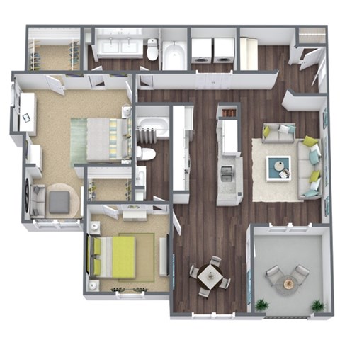 Floor plan for 2 beds, 2 baths, 1231 sqft