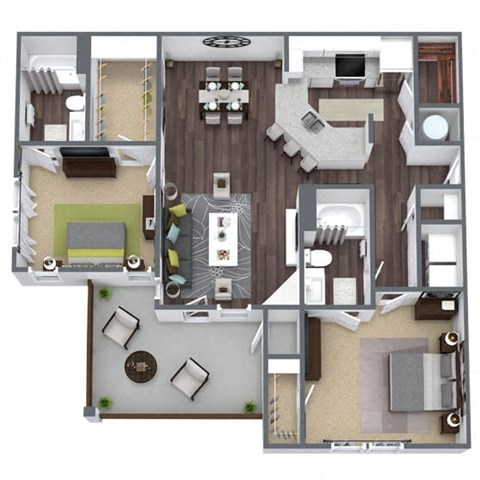 Floor plan for 2 beds, 2 baths, 1279 sqft