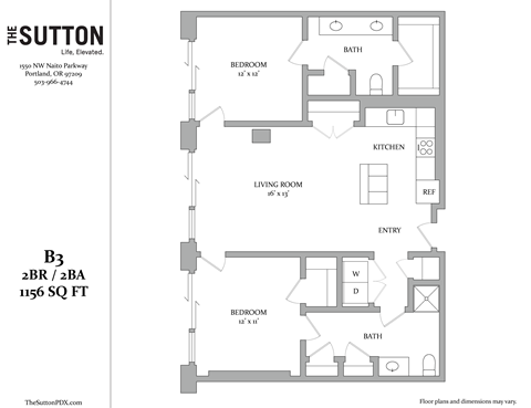 Floor plan for 2 beds, 2 baths, 1157 sqft