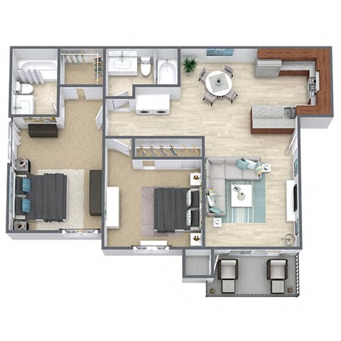 Floor plan for 2 beds, 2 baths, 1050 sqft