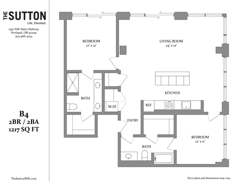 Floor plan for 2 beds, 2 baths, 1217 sqft