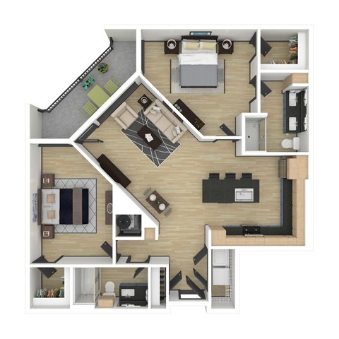 Floor plan for 2 beds, 2 baths, 1243 sqft