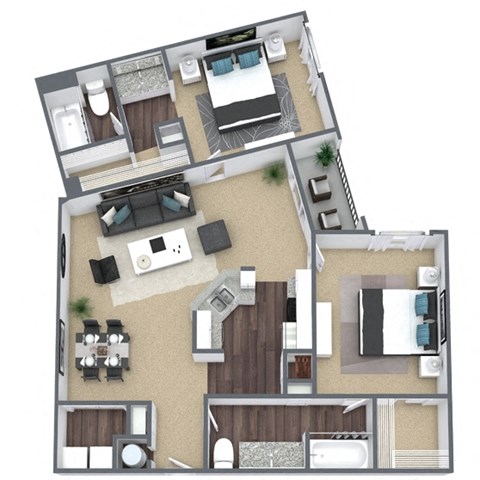 Floor plan for 2 beds, 2 baths, 1161 sqft