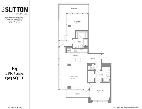 Floor plan for 2 beds, 2 baths, 1303 sqft