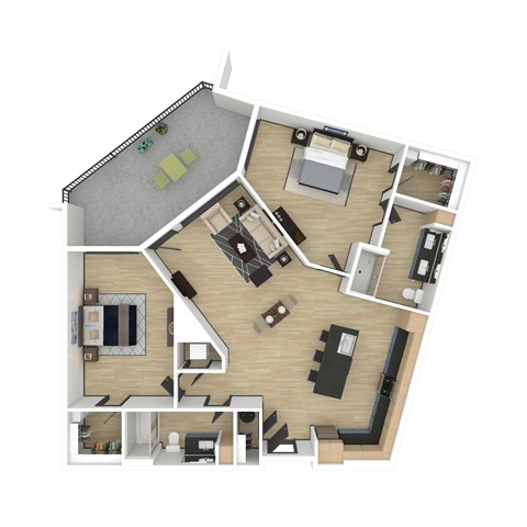 Floor plan for 2 beds, 2 baths, 1305 sqft