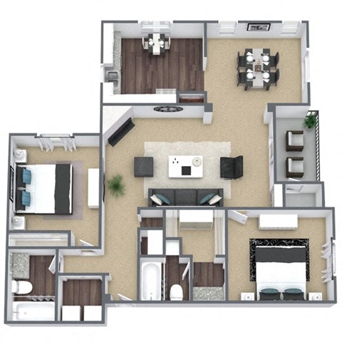 Floor plan for 2 beds, 2 baths, 1277 sqft