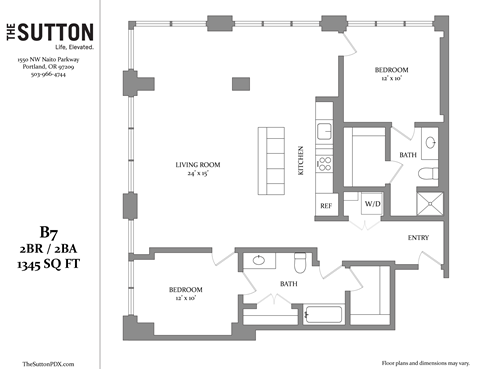 Floor plan for 2 beds, 2 baths, 1345 sqft