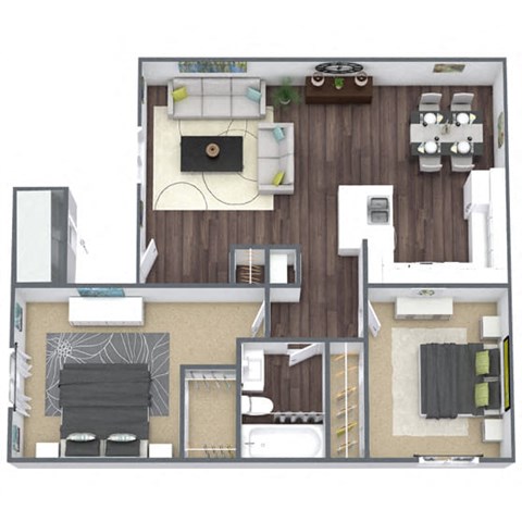 Floor plan for 2 beds, 1 bath, 742 sqft