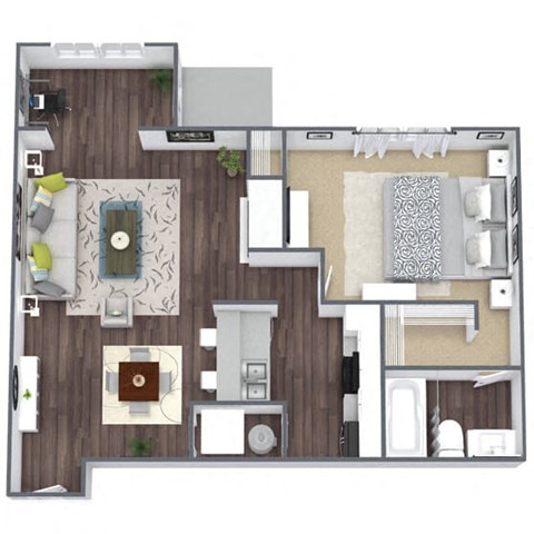 Floor plan for 1 bed, 1 bath, 751 sqft