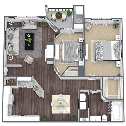 Floor plan for 2 beds, 1 bath, 995 sqft