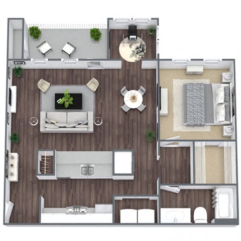 Floor plan for 1 bed, 1 bath, 957 sqft