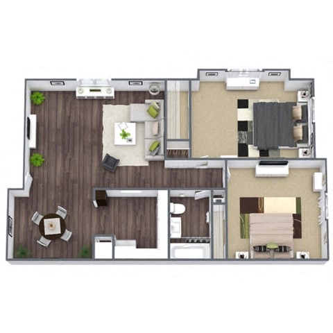 Floor plan for 2 beds, 1 bath, 935 sqft