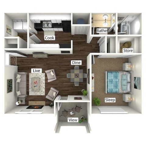 Floor plan for 1 bed, 1 bath, 805 sqft