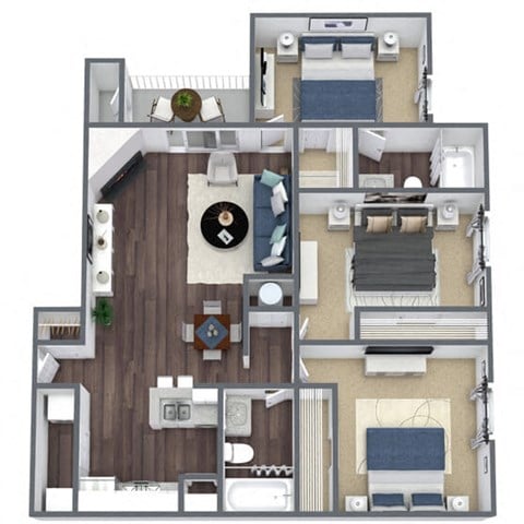 Floor plan for 3 beds, 2 baths, 1274 sqft
