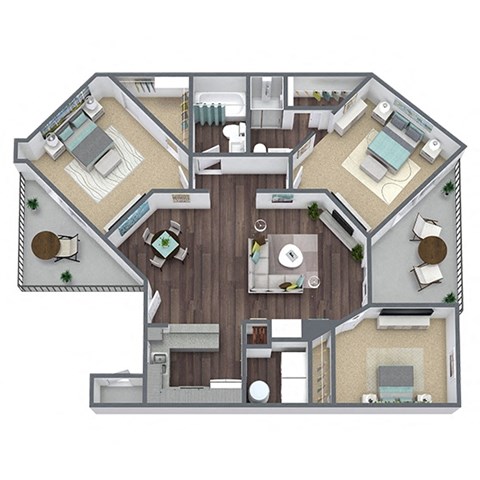 Floor plan for 3 beds, 2 baths, 1217 sqft