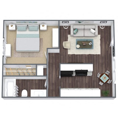 Floor plan for 1 bed, 1 bath, 684 sqft