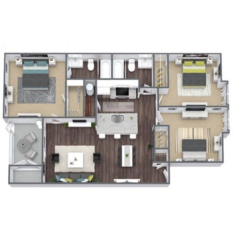 Floor plan for 3 beds, 2 baths, 1008 sqft