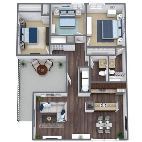 Floor plan for 3 beds, 2 baths, 1070 sqft