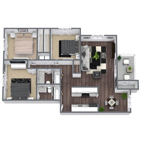 Floor plan for 3 beds, 2 baths, 1214 sqft