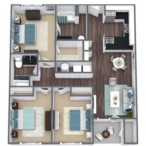 Floor plan for 3 beds, 2 baths, 1350 sqft