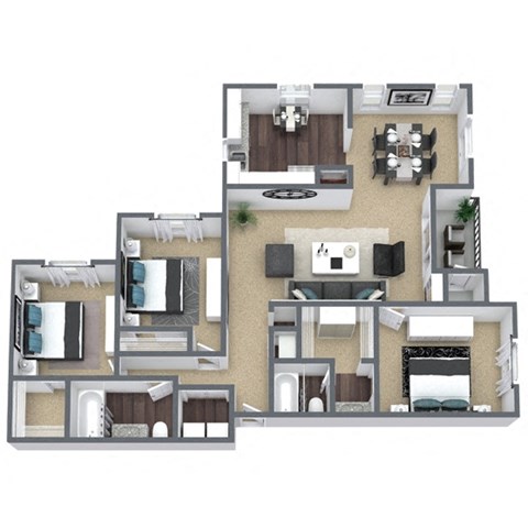 Floor plan for 3 beds, 2 baths, 1493 sqft