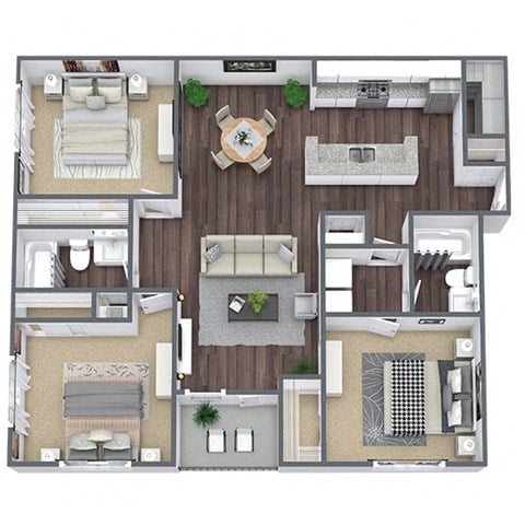 Floor plan for 3 beds, 2 baths, 1226 sqft