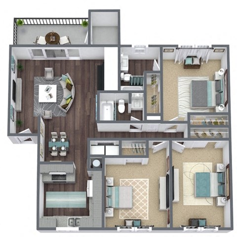 Floor plan for 3 beds, 2 baths, 1221 sqft