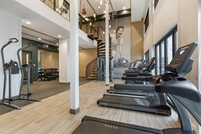 Dallas apartment for rent - a gym with treadmills and stairs and a mural on the wall