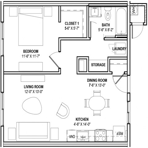 Floor plan for 1 bed, 1 bath, 624 sqft