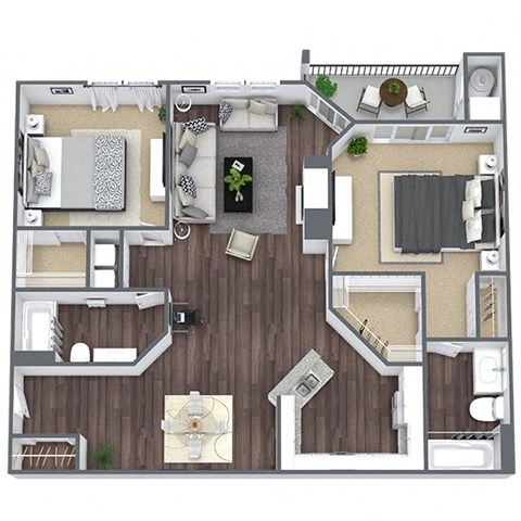 Floor plan for 2 beds, 2 baths, 1360 sqft