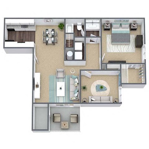 Floor plan for 1 bed, 1 bath, 740 sqft
