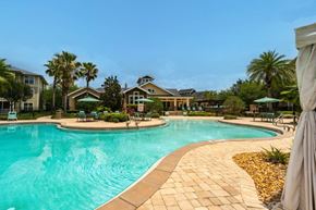 Tampa apartment for rent - Swimming pool surrounded by palm trees and lounge chairs at Bridges at Crosstown in Tampa, FL