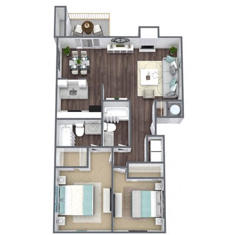 Floor plan for 2 beds, 2 baths, 987 sqft