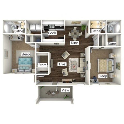 Floor plan for 2 beds, 2 baths, 1147 sqft
