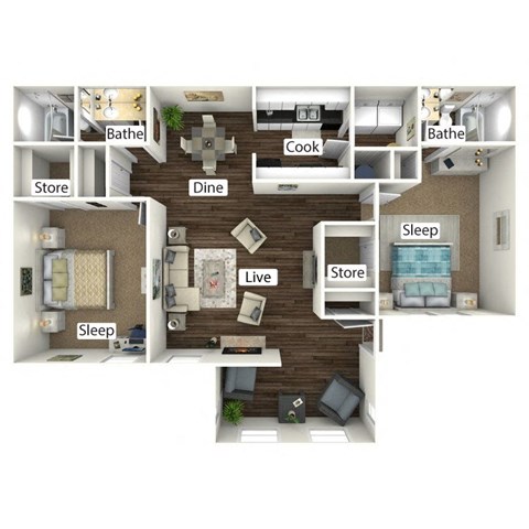 Floor plan for 2 beds, 2 baths, 1163 sqft