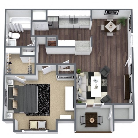 Floor plan for 1 bed, 1 bath, 613 sqft