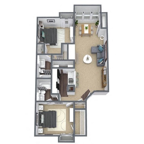 Floor plan for 2 beds, 2 baths, 1067 sqft
