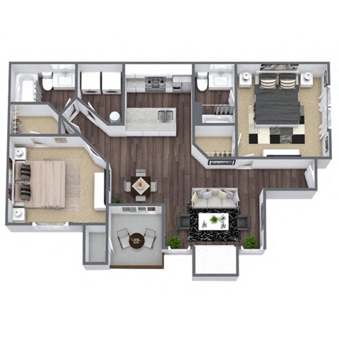 Floor plan for 2 beds, 2 baths, 951 sqft