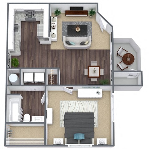 Floor plan for 1 bed, 1 bath, 633 sqft