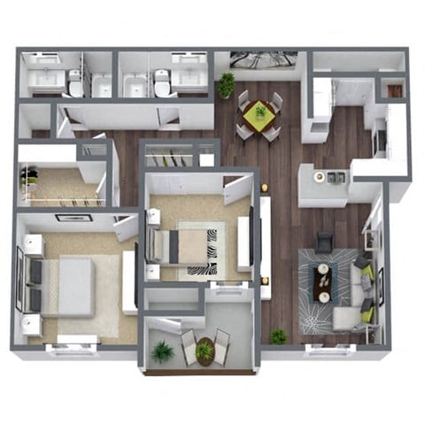 Floor plan for 2 beds, 2 baths, 884 sqft