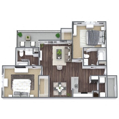 Floor plan for 2 beds, 2 baths, 1038 sqft