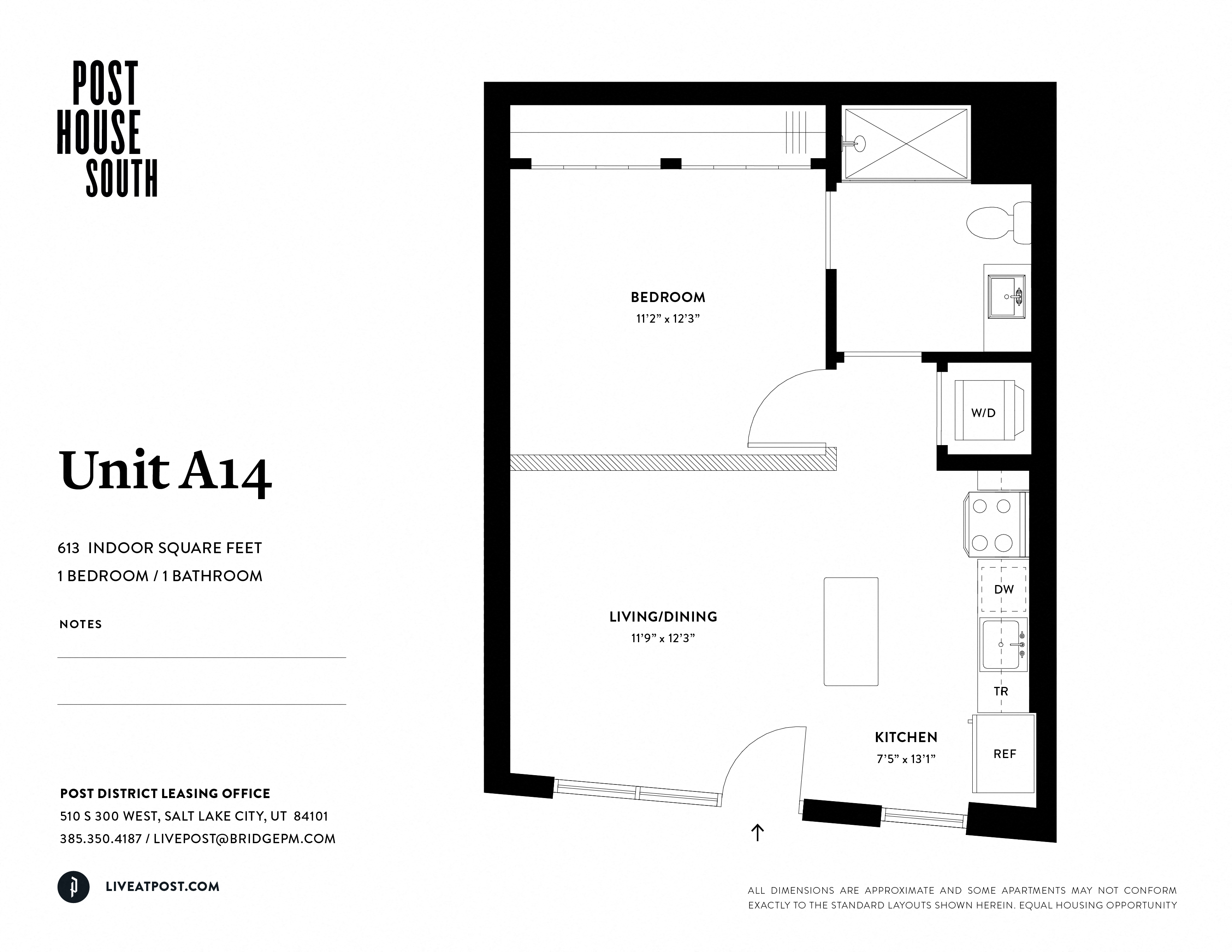 Floor plan for 1 bed, 1 bath, 613 sqft