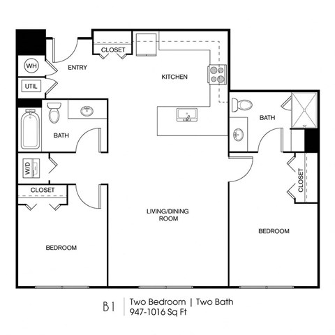 Floor plan for 2 beds, 2 baths, 968 sqft