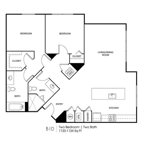 Floor plan for 2 beds, 2 baths, 1133 sqft