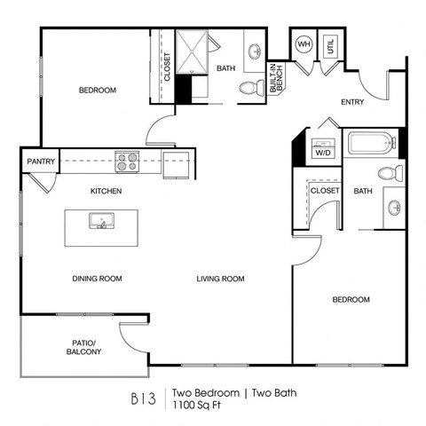 Floor plan for 2 beds, 2 baths, 1100 sqft