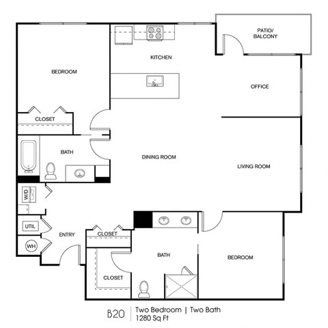 Floor plan for 2 beds, 2 baths, 1280 sqft